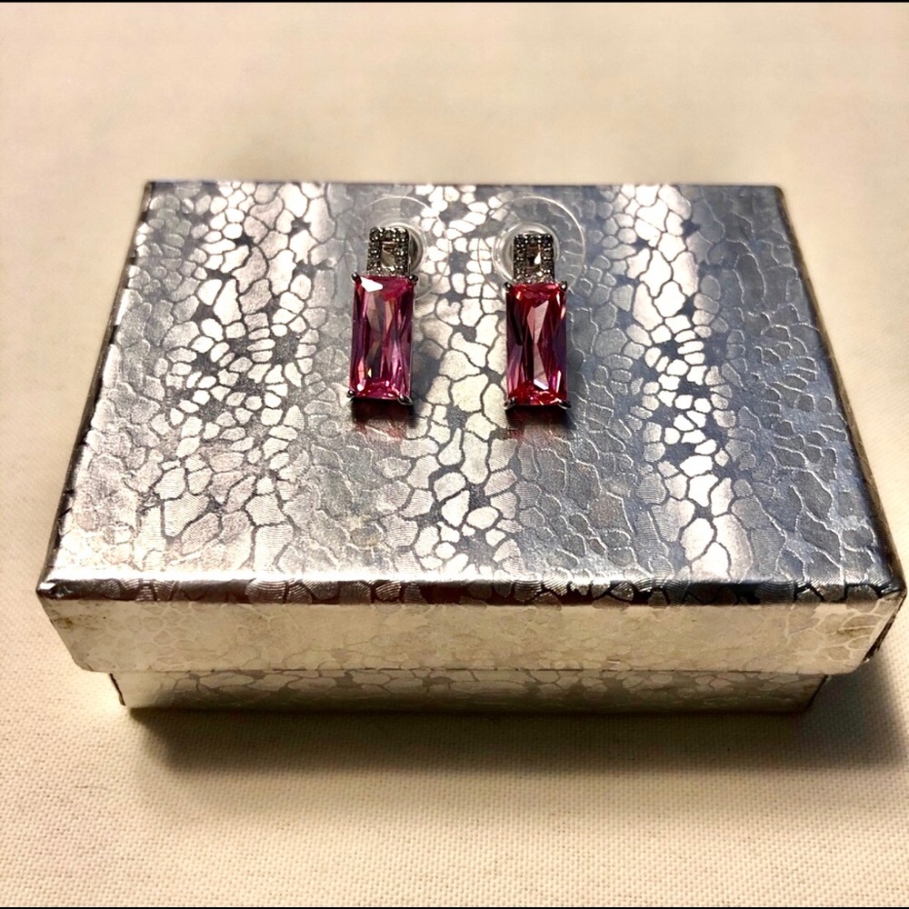 Blue Luster Pink & White CZ Rectangle Earrings